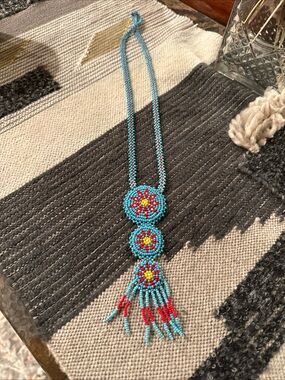 Navajo Handmade Turquoise Beaded Floral Pendant Necklace - vintage